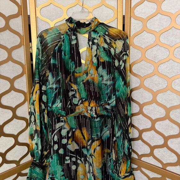 Karen Millen Size 10 NEW Green Metallic Iridescent Long Sleeve Column Midi Dress - Picture 5 of 16
